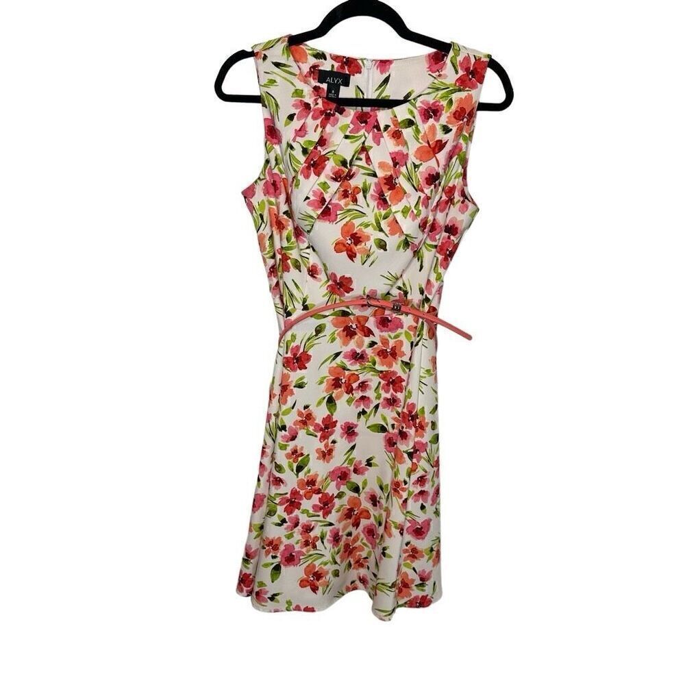 Alyx summer dress with belt size 8 floral white pink green. (r1)